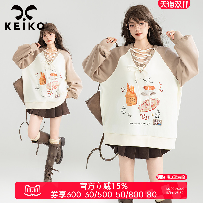 KEIKO美式慵懒休闲宽松V领卫衣