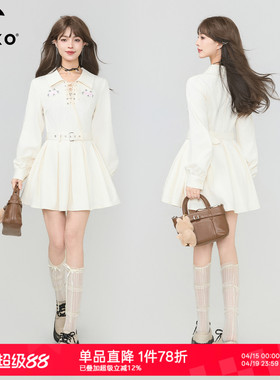 KEIKO miu系白色衬衫翻领连衣裙26春季萌猫绣花可收腰百褶短裙子
