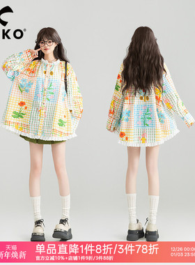 KEIKO 涂鸦印花格子长袖衬衫26春日多巴胺穿搭蕾丝花边娃娃衫上衣