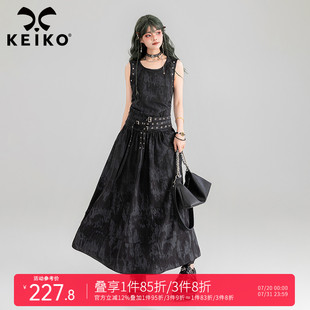 扎染黑色连衣裙夏季 KEIKO酷飒新中式 铆钉饰系带显瘦大U领背心长裙