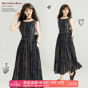 连衣裙26春季 复古系带收腰无袖 怀旧感牛仔纹印花背心裙 法式 KEIKO
