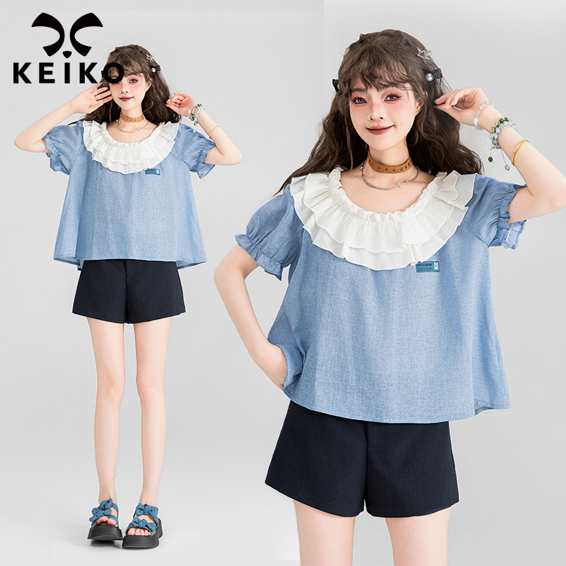 KEIKO 甜妹荷叶领泡泡袖上衣2024夏季文艺减龄大圆领衬衫女娃娃衫,女装/女士精品,衬衫,淘宝优惠券,粉丝福利购,淘宝优惠卷