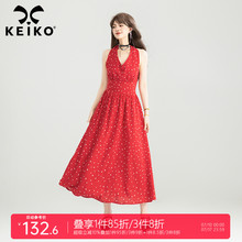 KEIKO 法式红色露背波点连衣裙夏气质打揽收腰深V挂脖吊带梦露裙
