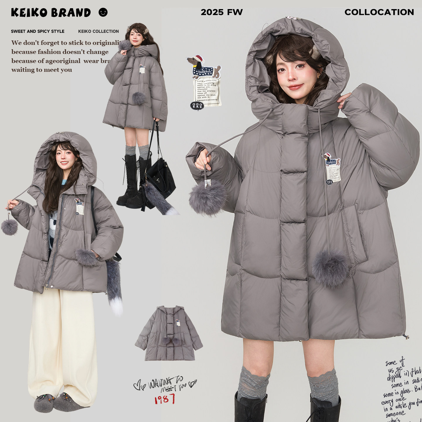 KEIKO韩系少女感灰色连帽棉服