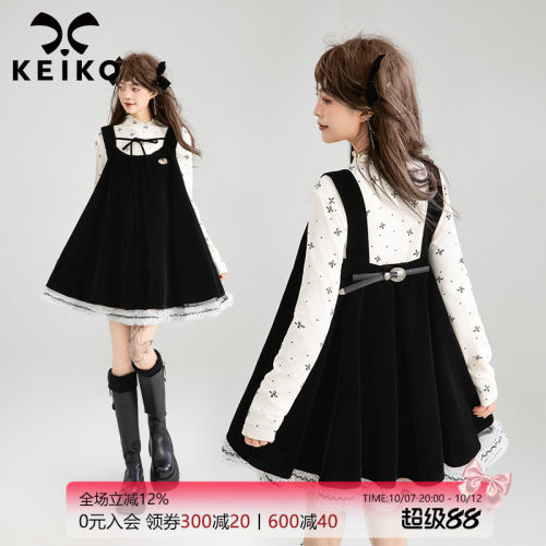 KEIKO千金风蕾丝丝绒蓬蓬A字裙