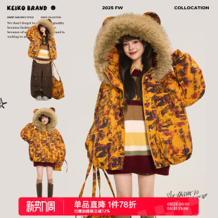 面包服 加厚保暖外套短款 KEIKO 日系复古大毛领连帽迷彩棉服25冬季