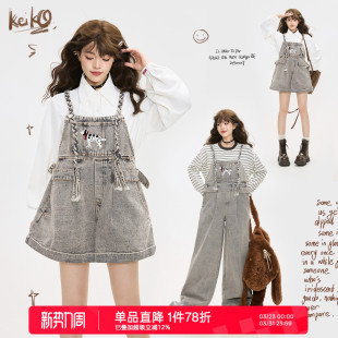 阔腿短裤 KEIKO 宽松薄款 春夏复古美式 子 鬼马少女风编织背带牛仔裤
