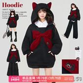 KEIKO 丝绒蝴蝶结饰黑色卫衣2026春季 新年氛围感减龄宽松连帽外套