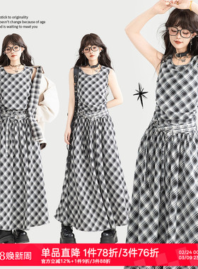 KEIKO 复古黑白格子系带连衣裙26春夏气质显瘦A字大摆无袖长裙子