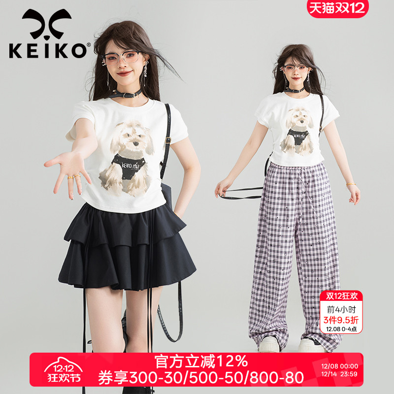 KEIKO可爱小狗印花白色短袖T恤
