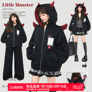 KEIKO 恶魔角连帽黑色加绒卫衣2026春季怪诞学院可拆卸小翅膀外套