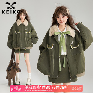 怀旧复古军绿皮衣外套秋冬高端褪洗皮廓形夹克 保暖 KEIKO 夹棉