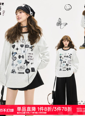 KEIKO 美式少女风浅灰色印花长袖t恤26新款休闲打底上衣薄款卫衣