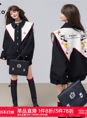 KEIKO 刺绣披肩领黑色短外套26春季美式学院廓形小个子飞行员夹克