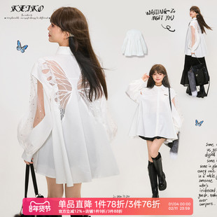 KEIKO 解构设计白色拼纱灯笼袖衬衫2026春季新款蝴蝶刺绣露背上衣