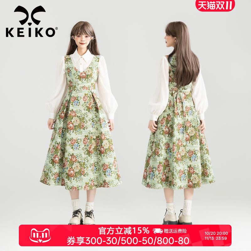 KEIKO 浪漫花园风提花无袖连衣裙秋季假日穿搭掐腰显瘦A字长裙子