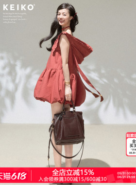 KEIKO 番茄红色可卸连帽无袖连衣裙夏季软复古少女风蓬蓬花苞短裙