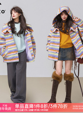 KEIKO 多巴胺彩虹条纹短款连帽毛呢大衣25冬季高级感圈圈呢子外套