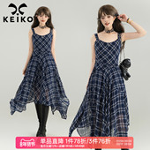 KEIKO 气质藏蓝色不规则格纹连衣裙春夏辣妹侧腰压褶显瘦吊带长裙