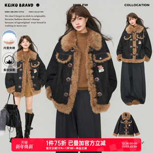 高级感羊羔毛拼接棉服 复古毛绒翻领牛仔外套冬季 KEIKO 绗缝夹棉