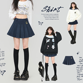 KEIKO 学院风蓝色绣标毛呢半身裙26春季 韩系复古高腰A字百褶短裙