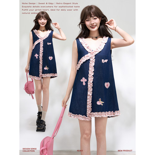 KEIKOy2k刺绣牛仔背心连衣裙