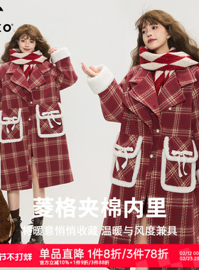 KEIKO [夹棉] 韩系复古红色格纹毛呢大衣秋冬新年氛围感加厚外套