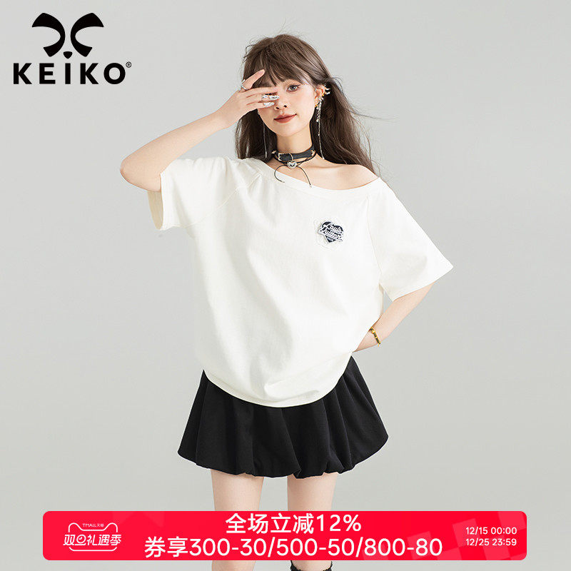 KEIKO 美式辣妹一字领斜肩上衣25夏季高级感绣标宽松露肩短袖t恤