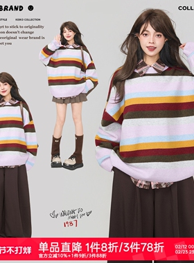 KEIKO 慵懒风紫色条纹圆领针织衫女2026春季高级感宽松套头毛衣