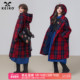 KEIKO 复古红色格子毛呢大衣女25秋冬英伦风斗篷形连帽圈圈呢外套