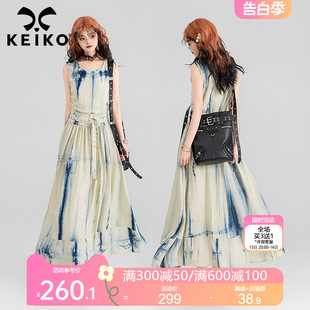 连衣裙2024夏季 法式 限定直条扎染无袖 KEIKO 艺术感系带长裙背心裙