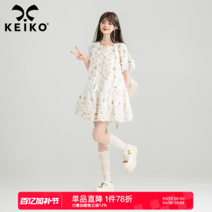 KEIKO 卡通小碎花白色连衣裙夏季立体感褶皱荷叶边圆领A字娃娃裙