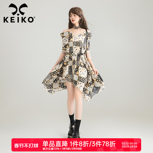 KEIKO 波西米亚吊带连衣裙夏季波嬉系不规则一字肩漂亮花格子裙子