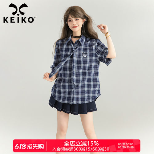 KEIKO美式学院藏蓝格纹短袖衬衫