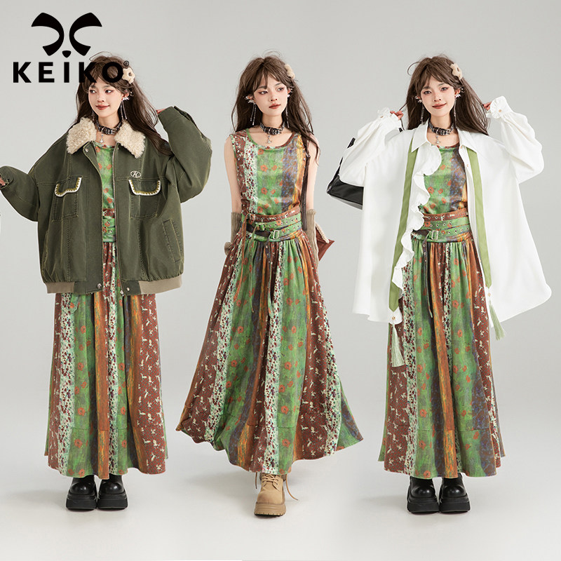 KEIKO [细腻丝绒]波西米亚风系带显瘦连衣裙秋季内搭油画无袖长裙