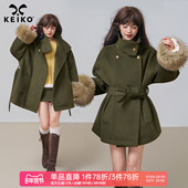 KEIKO 可卸毛袖 高级感橄榄绿廓形毛呢外套秋冬斗篷立领呢子大衣