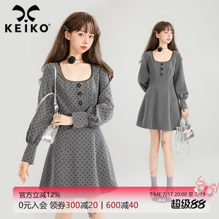 KEIKO 法式复古灰色波点连衣裙秋季气质千金蕾丝花边U领收腰A字裙