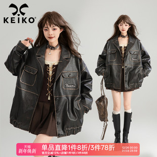 BF风帅气廓形pu皮夹克ins潮 领皮衣外套25秋季 KEIKO 复古黑色西装
