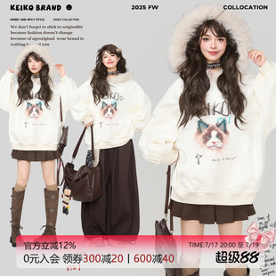 KEIKO 小猫印花毛领连帽卫衣女秋季洋气减龄动物图案加绒加厚外套