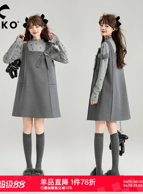 KEIKO格雷系穿搭灰色背带连衣裙26春季miu系蝴蝶结扎花无袖背心裙