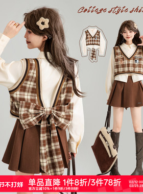 KEIKO蝴蝶结girl 美式复古穿搭套装早春假两件衬衫女别致学院上衣