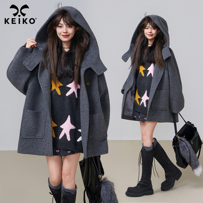 KEIKO高级感灰色连帽羊毛呢外套