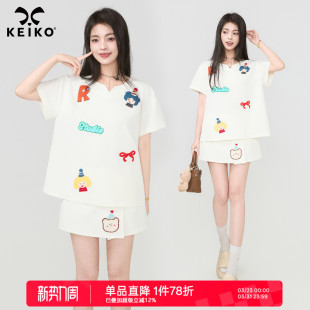 t恤 KEIKO 卡通贴布绣花短袖 夏季 半身裙两件套 怀旧少女风穿搭套装