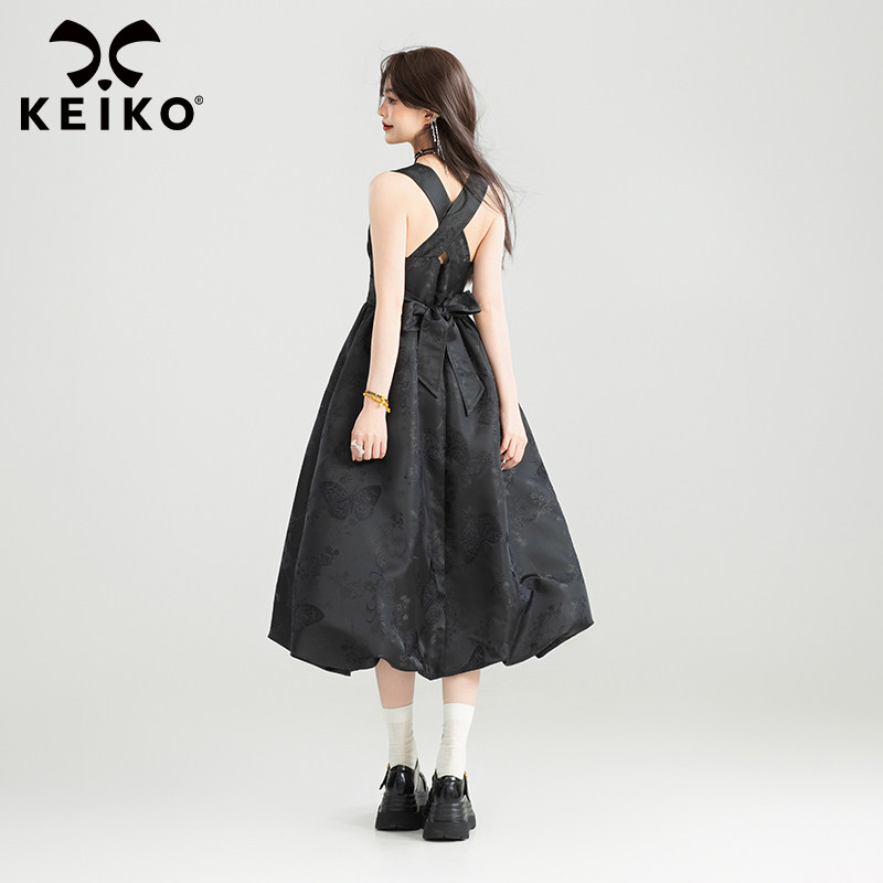 KEIKO黑色绑带蝴蝶结吊带连衣裙图片