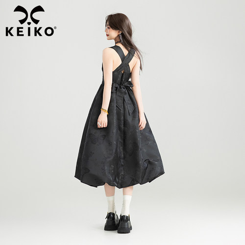 KEIKO黑色绑带蝴蝶结吊带连衣裙