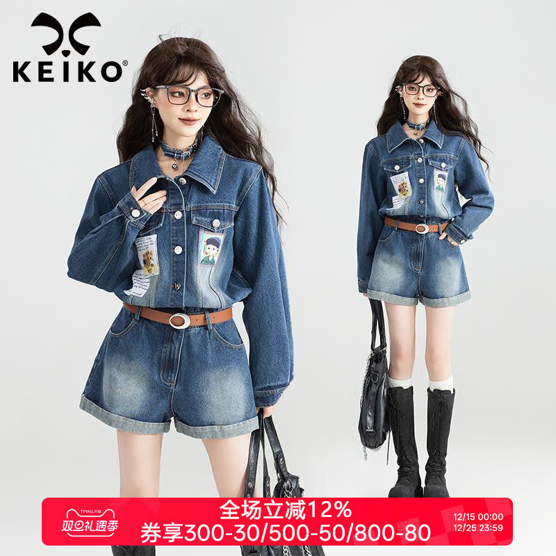 KEIKO 帅气工装风牛仔连衣短裤女25秋季新款通勤复古高腰连体裤