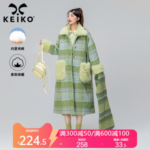 KEIKO [夹棉]绿色格子毛呢外套2024春季气质复古长款过膝呢子大衣