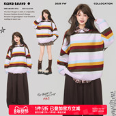 女2026春季 KEIKO 慵懒风紫色条纹圆领针织衫 高级感宽松套头毛衣