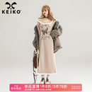 KEIKO 显瘦包臀长裙 大U领绑带收腰针织连衣裙秋冬甜辣妹印花修身