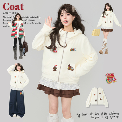 KEIKO刺绣款加绒短款连帽卫衣